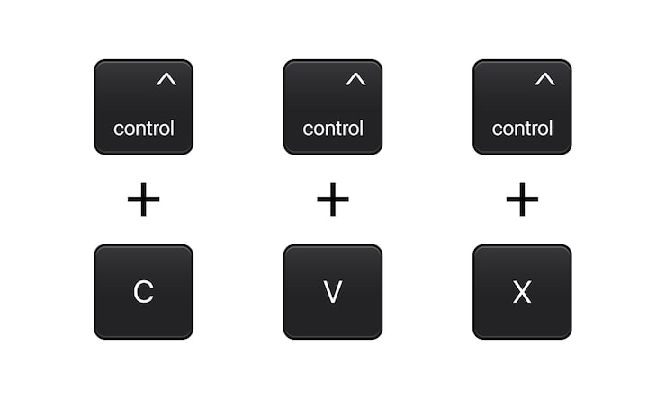 Vector ctrl plus c, ctrl plus v and ctrl plus z. control c, control v keyboard buttons. copy and paste key shortcut. computers particles keyboards. black computer icons. vector illustration.