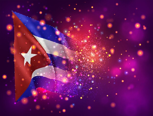 Cuba, 3D-vlag op roze paarse achtergrond met verlichting en fakkels