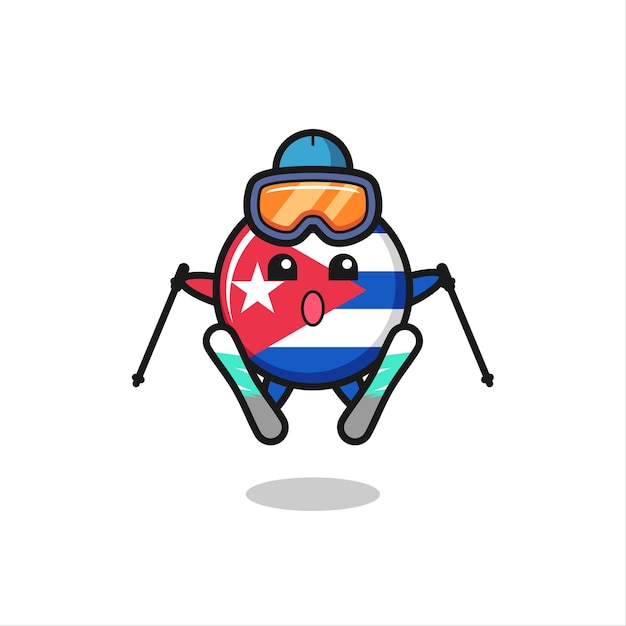 스키 선수로서의 쿠바 국기 배지 마스코트 캐릭터, 티셔츠, 스티커, 로고 요소를 위한 귀여운 스타일 디자인