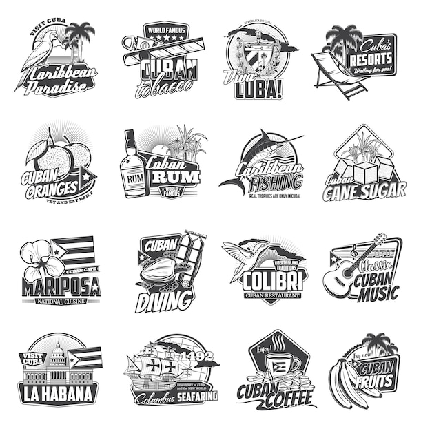 Cuba isolated icons of Cuban travel and tourism