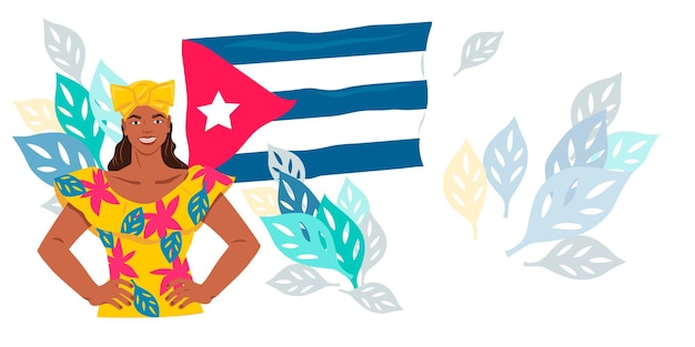 Cuba reisposter of flyer met Cubaanse vrouw op de achtergrond van de nationale vlag