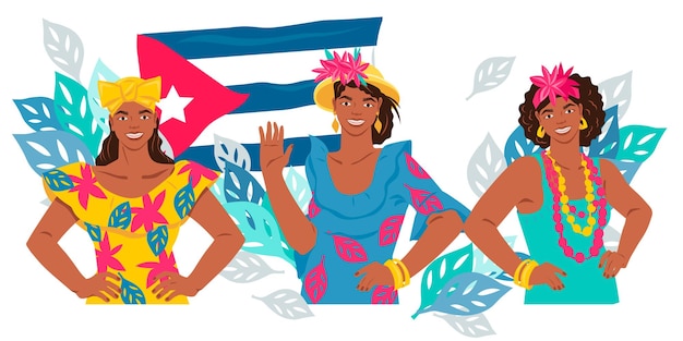 Cubaanse vrouwen op de achtergrond van de nationale vlag van Cuba platte vector geïsoleerd