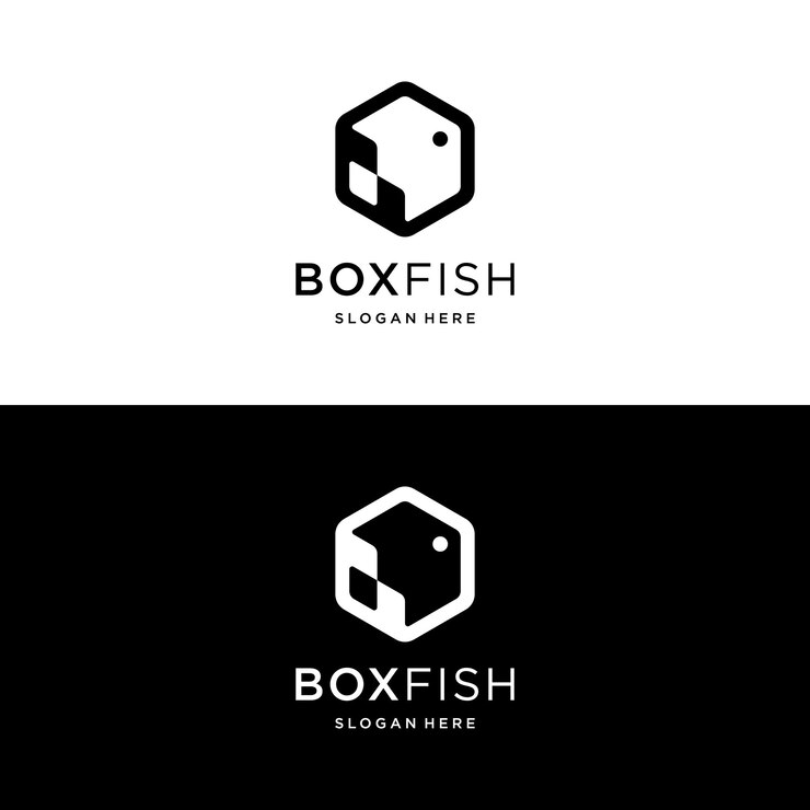 Cube Box Hexagon met Fish Negative Space Logo Design Inspiration