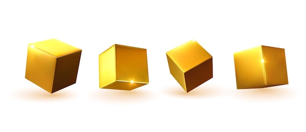 Cube in gold metalic. Square Realistic geometric shapes. Golden decorative design elements isolated white background. 3d objects cube-shaped yellow color. vector illustration.