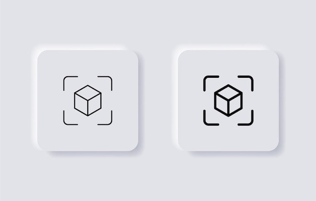 Icona del cubo con schermata centrale del simbolo di acquisizione nell'interfaccia utente del neumorfismo