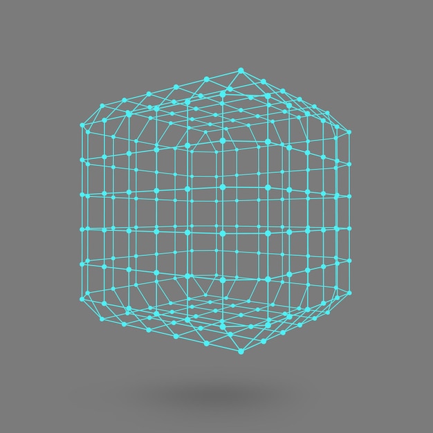 Cubo di linee e punti. cubo delle linee collegate ai punti. reticolo molecolare. la griglia strutturale dei poligoni. sfondo nero. la struttura si trova su uno sfondo di studio nero.