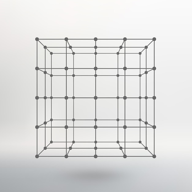 Cubo di linee e punti. cubo delle linee collegate ai punti. reticolo molecolare. la griglia strutturale dei poligoni. sfondo bianco. la struttura si trova su uno sfondo bianco da studio.