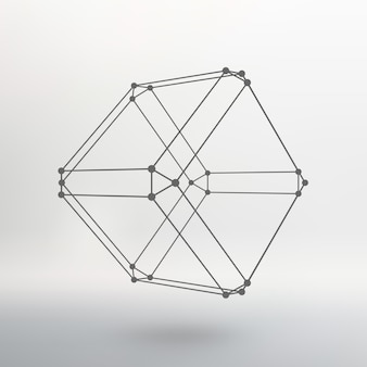 Cubo di linee e punti. cubo delle linee collegate ai punti. reticolo molecolare. la griglia strutturale dei poligoni. sfondo bianco. la struttura si trova su uno sfondo bianco da studio.