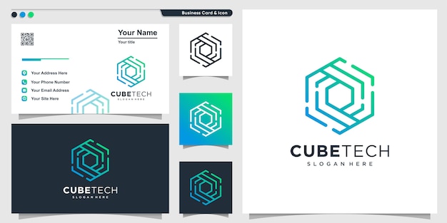 Cube logo with line art technology style and business card design