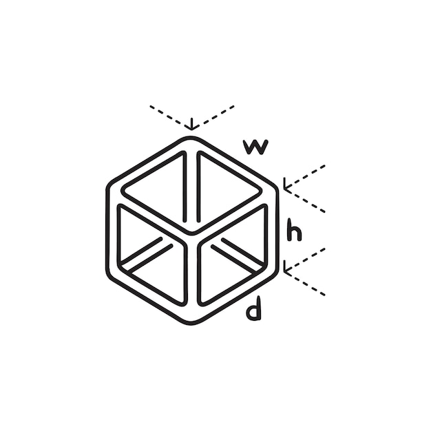 Cube model measuring hand drawn outline doodle icon. model build size, 3d cube build volume concept