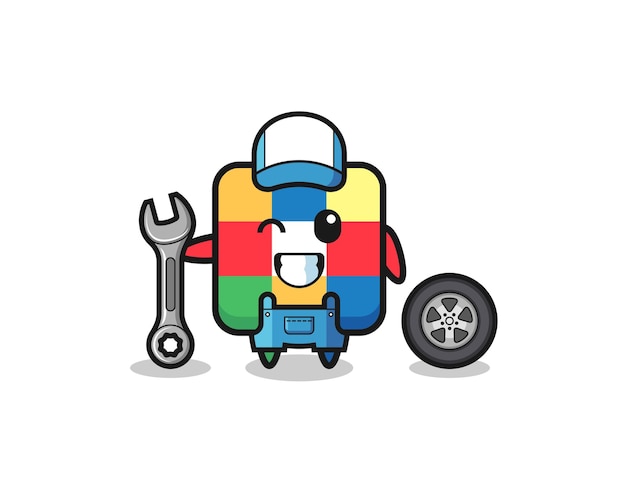 The cube puzzle character as a mechanic mascot , cute design