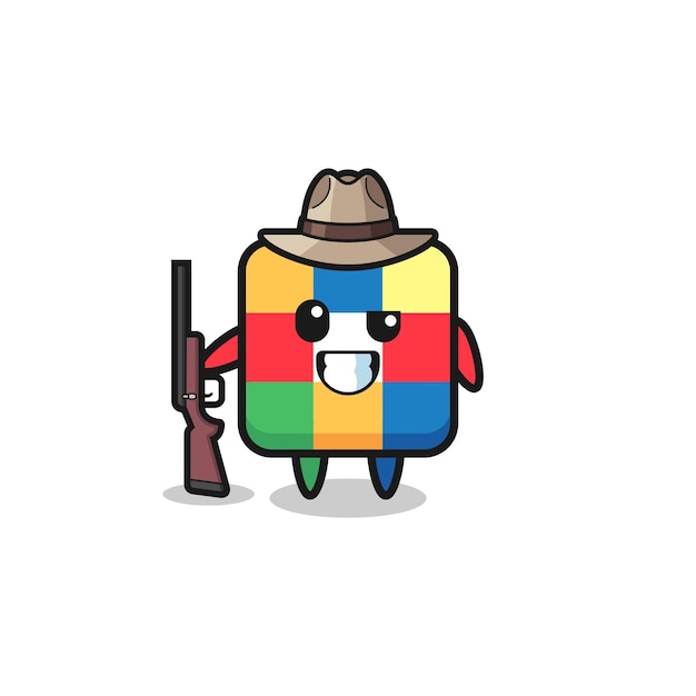 Cube puzzle hunter mascot holding a gun , cute design