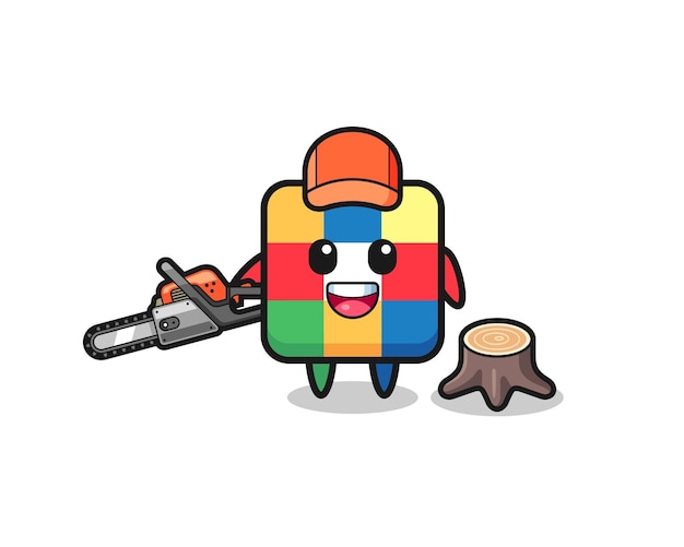 Vector cube puzzle lumberjack character holding a chainsaw , cute design