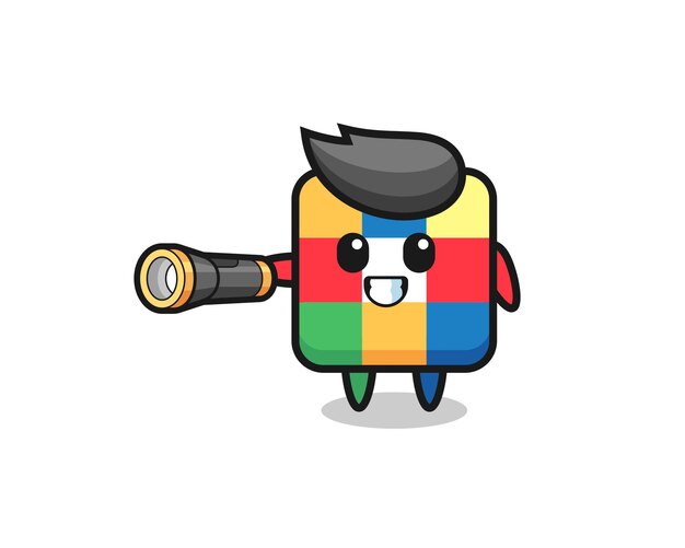 Cube puzzle mascot holding flashlight , cute design