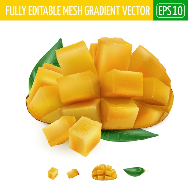 cube sliced fresh mango with green leaves.