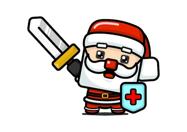 Куб стиль милый Санта-Клаус держит меч и щит