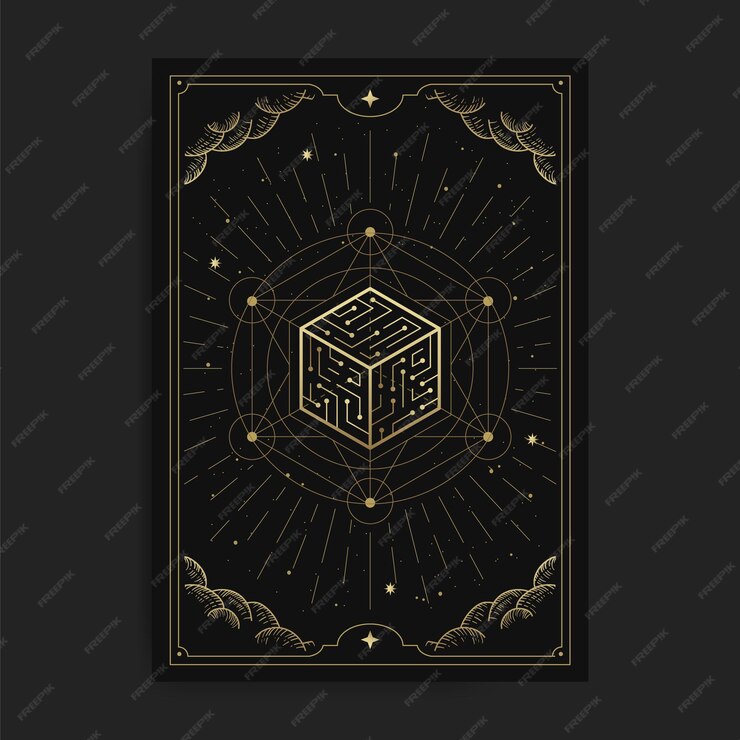  Cube of universe, card illustration with esoteric, boho, spiritual, geometric, astrology, magic the