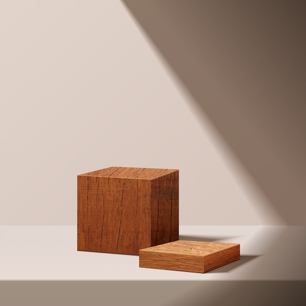 Vettore podio di legno del cubo con la luce del sole su fondo bianco. piattaforma vuota del piedistallo per premio, presentazione del prodotto, finto sfondo, podio, piedistallo del palcoscenico o piattaforma illuminata. vettore