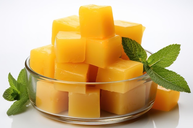 Vector cubes of cheddar cheese isolated in wooden bowl on white background