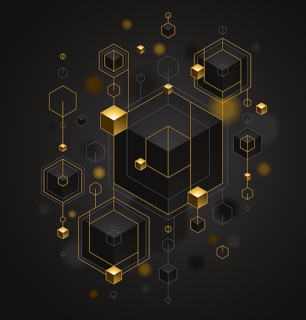 큐브 클러스터에는 황금 요소 선과 점 벡터 추상 배경, 3d 추상화 Vip 고급 스타일, 보석의 고급스러운 우아한 기하학적 디자인, 빛나는 금이 있습니다.
