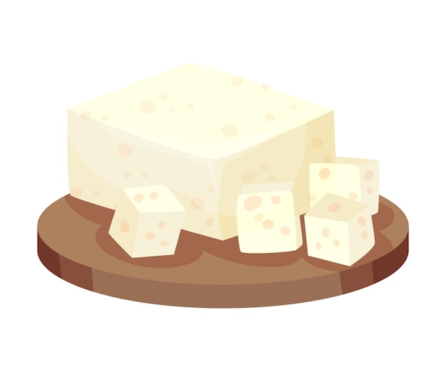 Cubes of Feta Lying on Wooden Board Vector Item Greek Salad Illustrated Ingredient