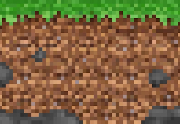 Cubic pixel grass and ground blocks, vector pixel game background pattern. 8bit pixel art landscape of mine, underground and green grass texture, 8 bit computer game level interface