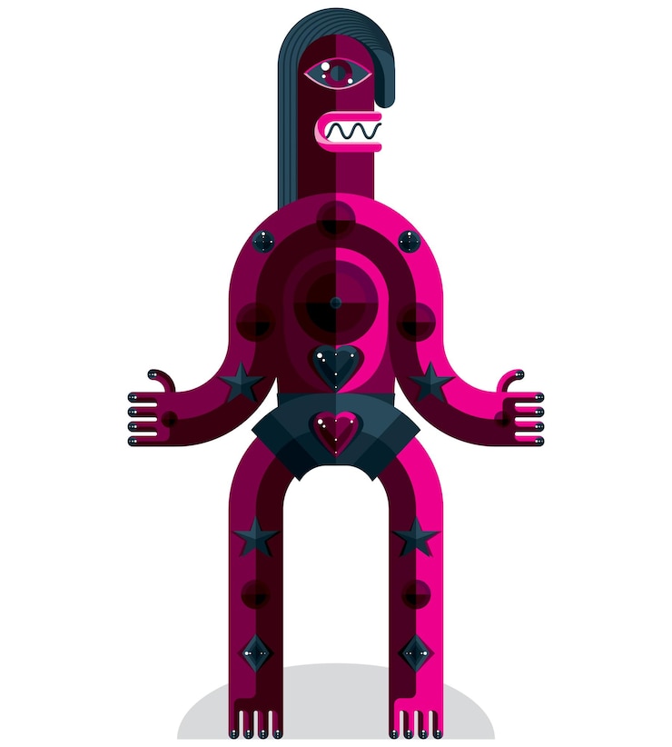 Vector cubism theme vector graphic illustration, modernistic symbol. geometric cartoon character, mythic creature or shaman. colorful drawing of  pagan idol.