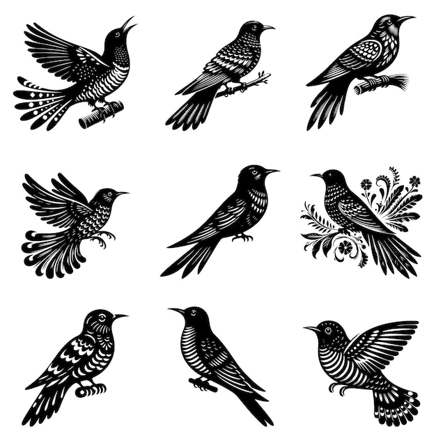 Cuckoo bird silhouette vector illustration set