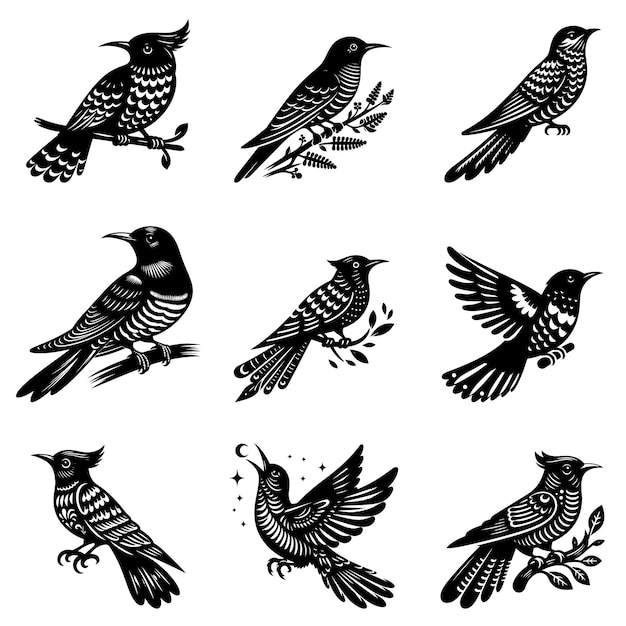 Cuckoo vogel silhouet vector illustratie set