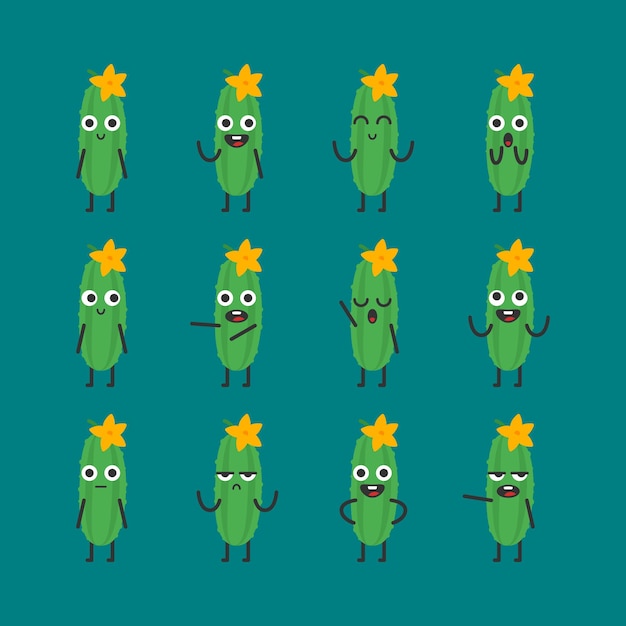 Cucumber character set different options and emotions. Vector Illustration.