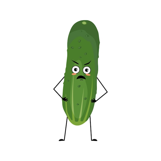 Cucumber character with angry emotions grumpy face furious eyes arms and legs Person with irritated expression green vegetable or emoticon Vector flat illustration