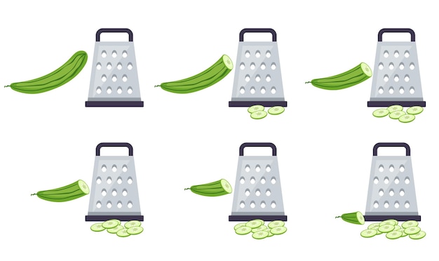 Cucumber chopped cut on grater sliced isolated on white background flat graphic design