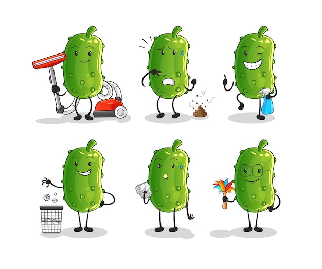 Vector cucumber cleaning group character. cartoon mascot vector