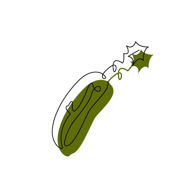 연속 그리기 스타일의 오이 한 줄 로고 피클 윤곽선과 녹색 점이 있는 야채