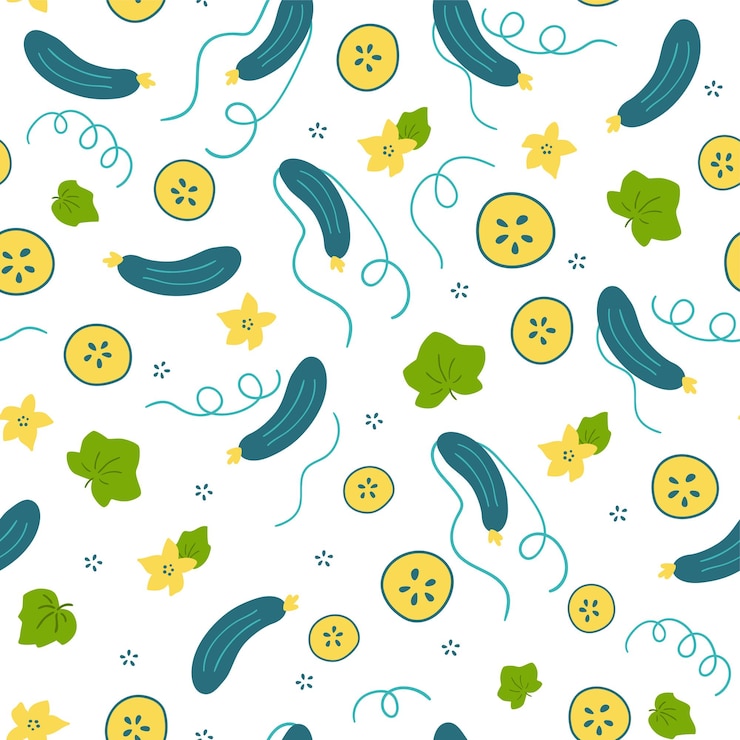 Vector cucumber pattern with cucumber slices plant flowers leaves garden vegetables seamless texture on white background healthy food or cosmetic ingredient pattern vector illustration