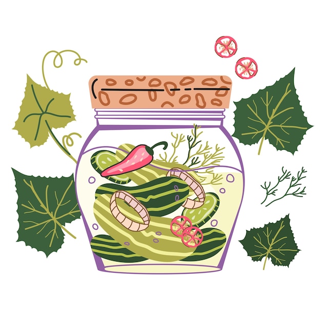 Cucumbers pickled vegetable jar hand drawn vector illustration isolated