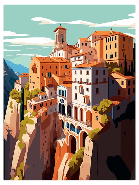 Vettore cuenca spagna vintage travel poster souvenir postcard ritratto pittura wpa illustrazione