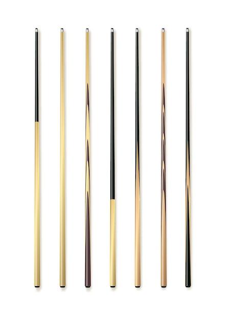 Cues for billiard snooker realistic templates wooden sticks with various design for cuesports vector