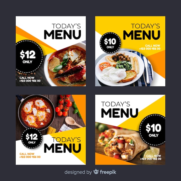 Vettore collezione culinaria di post instagram con foto
