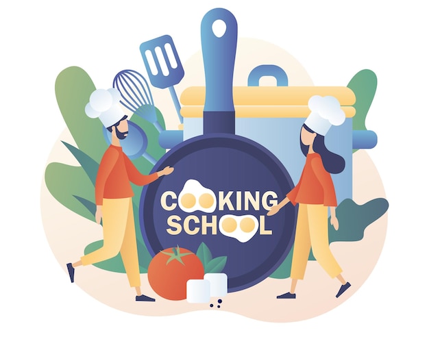 Master class culinaria online testo della scuola di cucina sulla padella da cucina piccolo chef con cappello