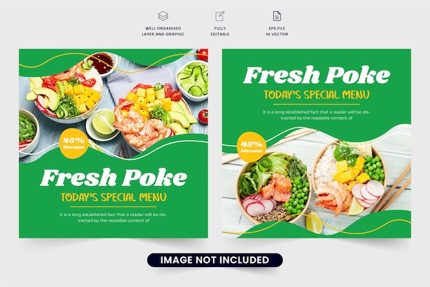 녹색 및 노란색 색상의 요리 프로모션 템플릿 벡터 추상적 인 모양의 특수 식품 소셜 미디어 포스트 디자인 레스토랑을 위한 신선하고 건강한 음식 메뉴 광고 템플릿