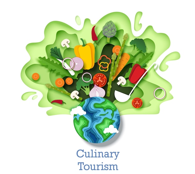 Culinary tourism concept vector illustration paper cut style planet earth fresh healthy vegetables w