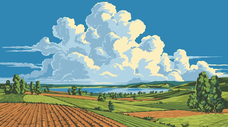 Vector cultivated fields rural landscape seascape