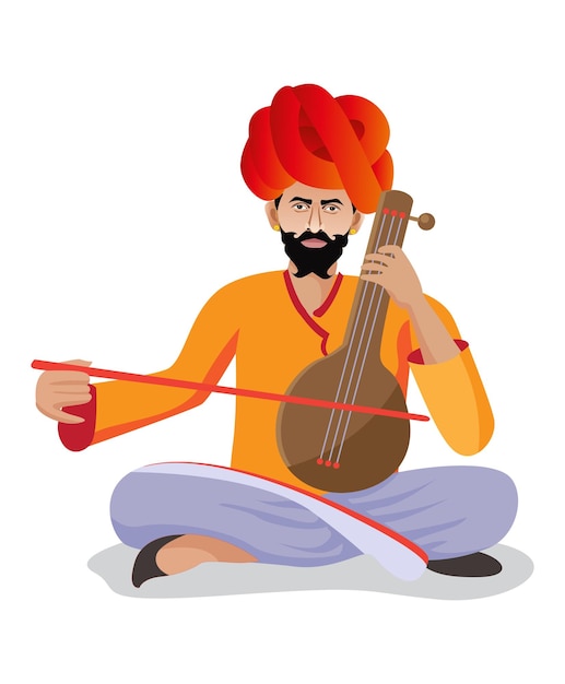 Vector cultural rajasthani folk musician playing music instrument vector illustration