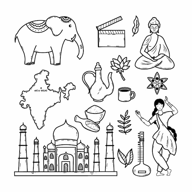 Vector culture and traditions of india vector doodle illustration set of icon contour drawing