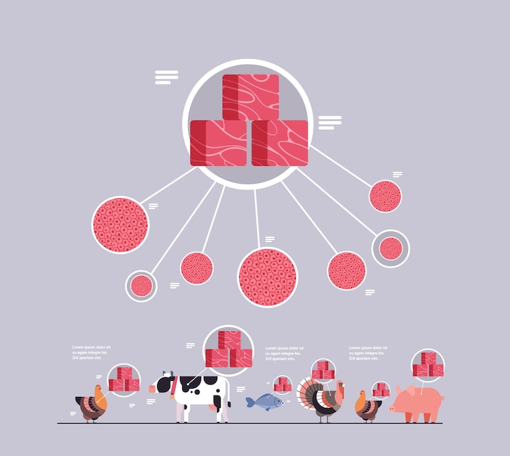 Vector cultured red raw meat made from animal cells artificial lab grown meat production concept vector illustration