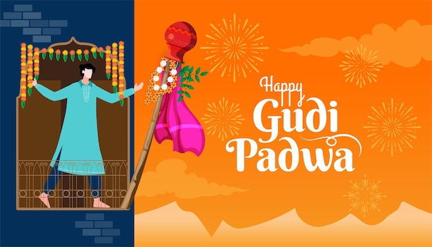 cultureel Marathi Hindoe nieuwjaarsfeest Gudi Padwa viering begroeting achtergrond vector