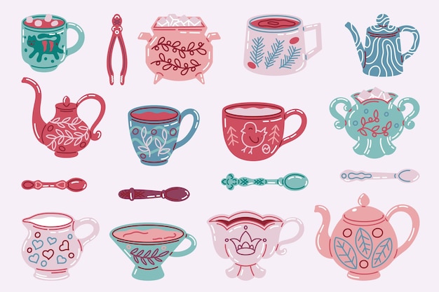 Вектор Чашка и чайник модный чайник и кружки для кофе и чая с минималистичными абстрактными текстурами векторный набор