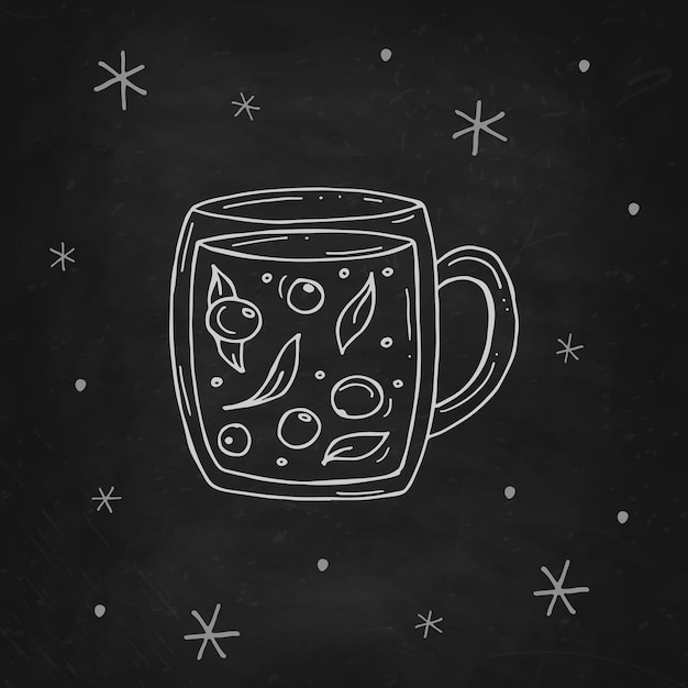 Tazza di tè ai frutti di bosco con fiocchi di neve su una lavagna nera illustrazione vettoriale in stile doodle inverno umore ciao 2023 buon natale e felice anno nuovo