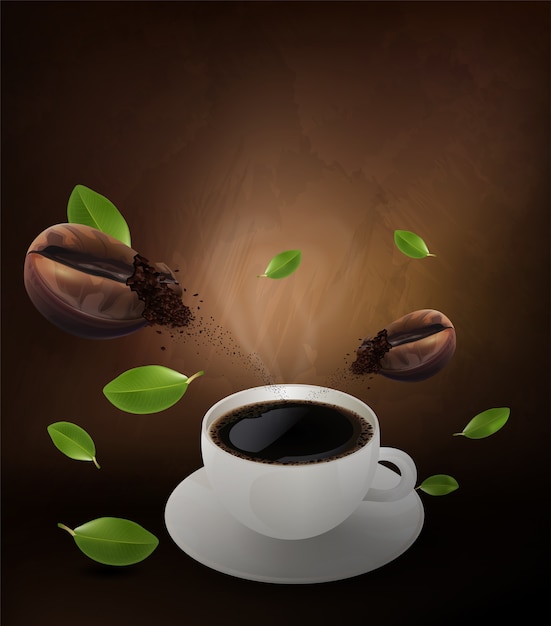 Vector cup of black coffee and coffee bean